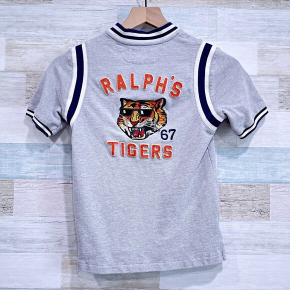 POLO Ralph Lauren Ralphs Tiger Embroidered Shirt Gray Stripe Tipped Boys Small 8 - Picture 4 of 9